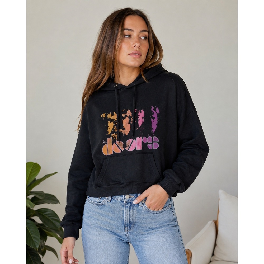 The Doors Graphicβ Hoodie Womens Large Cropped Black Band Sweatshirt Cotton On